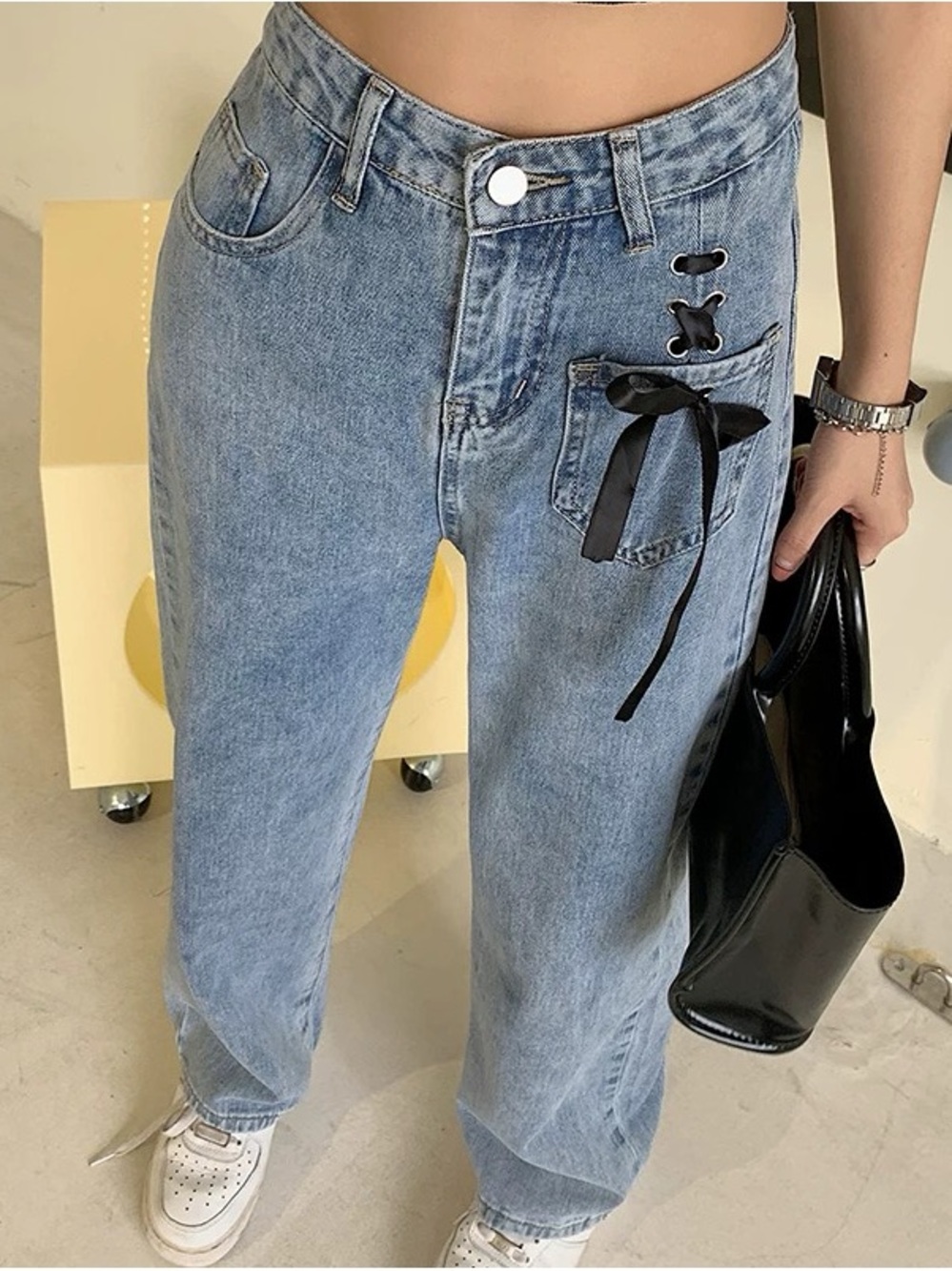 High Waist Lace-up Denim Jean Standard Blue / M